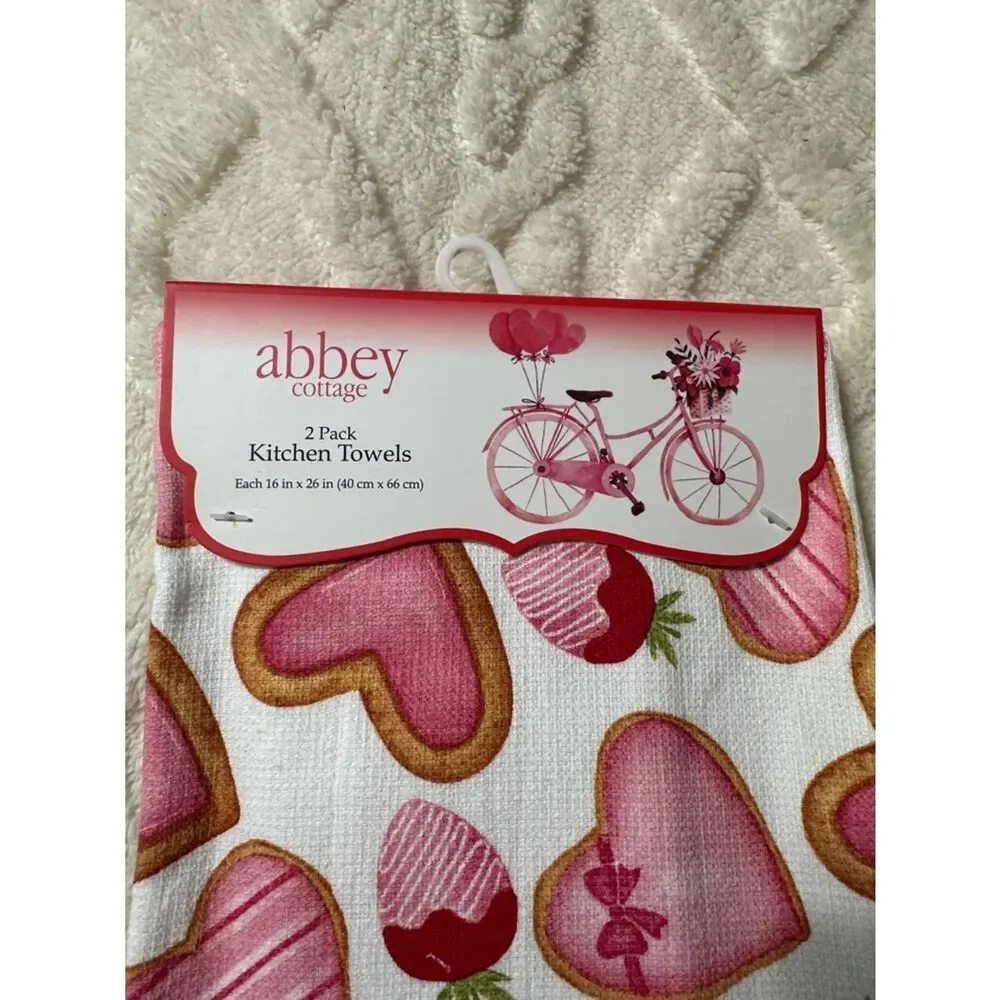 Valentine’s Day White Red Pink Tan Cookies Hearts Berries Cotton Tea Towels